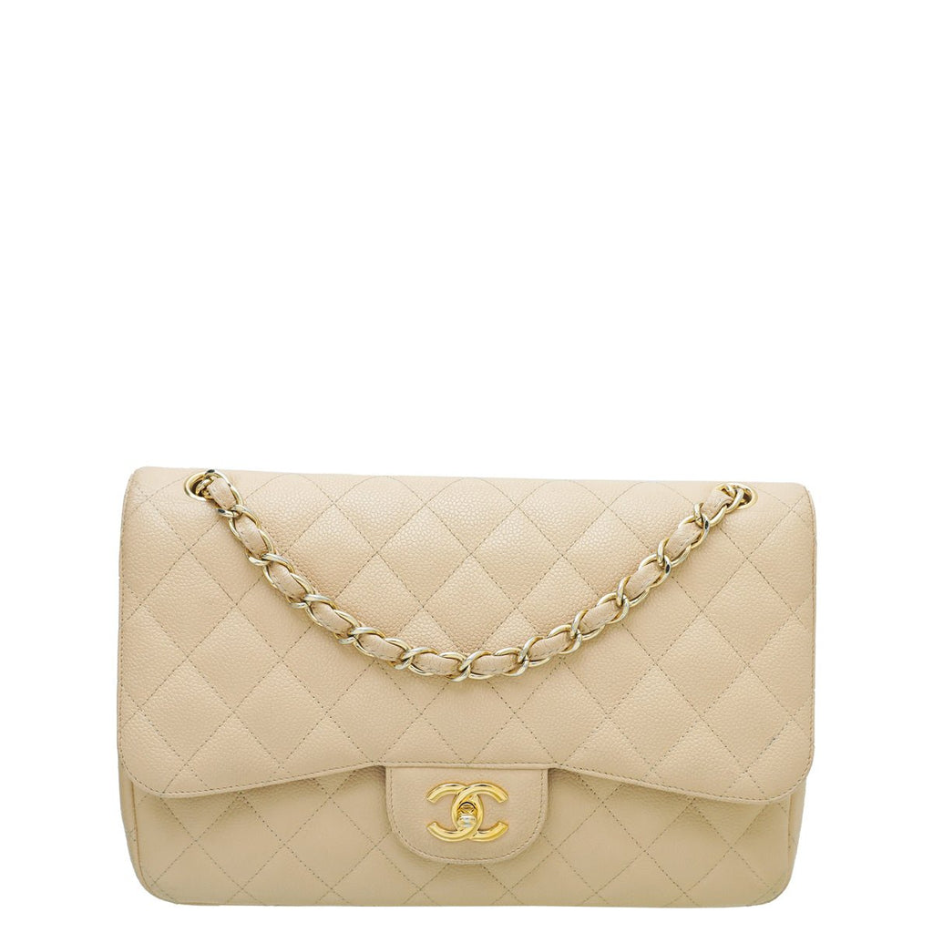 Chanel Beige Quilted Caviar Jumbo Classic Single Flap Bag Oversize XL CC Gold Hardware, 1994-1996