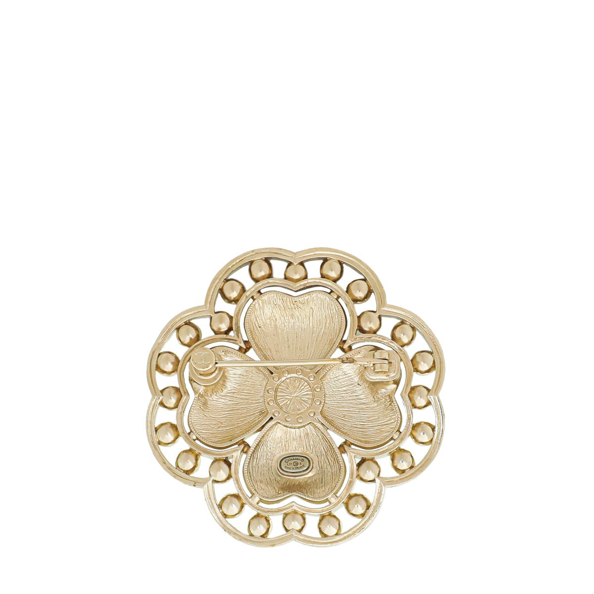 Chanel Beige CC Flower Crystal Enamel Hearts Brooch-Chanel-THE CLOSET