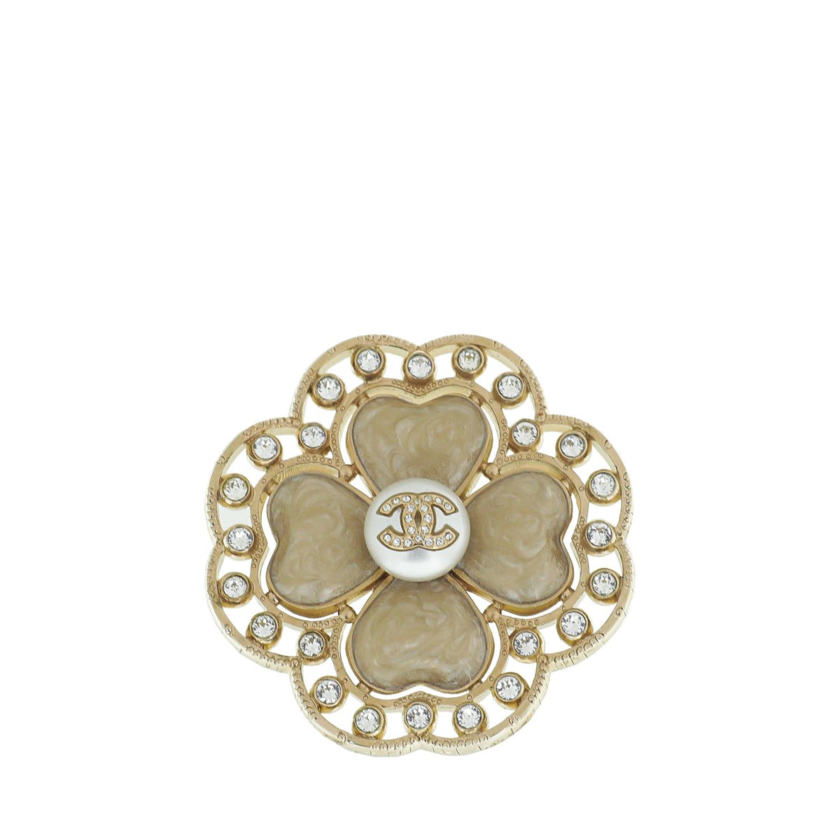 Chanel - Chanel Beige CC Flower Crystal Enamel Hearts Brooch | The Closet