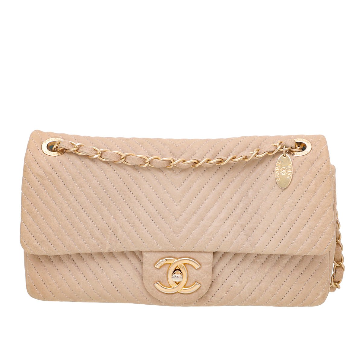 Chanel Beige CC Medallion Charm Chevron Flap Bag-Chanel-THE CLOSET