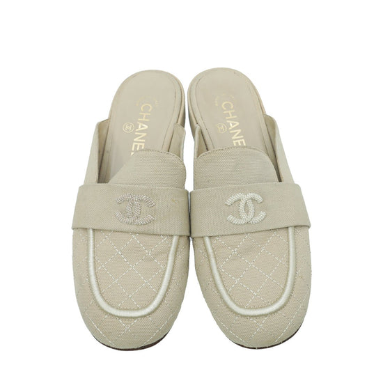 Chanel - Chanel Beige CC Pearl Slide Mules 38 | The Closet