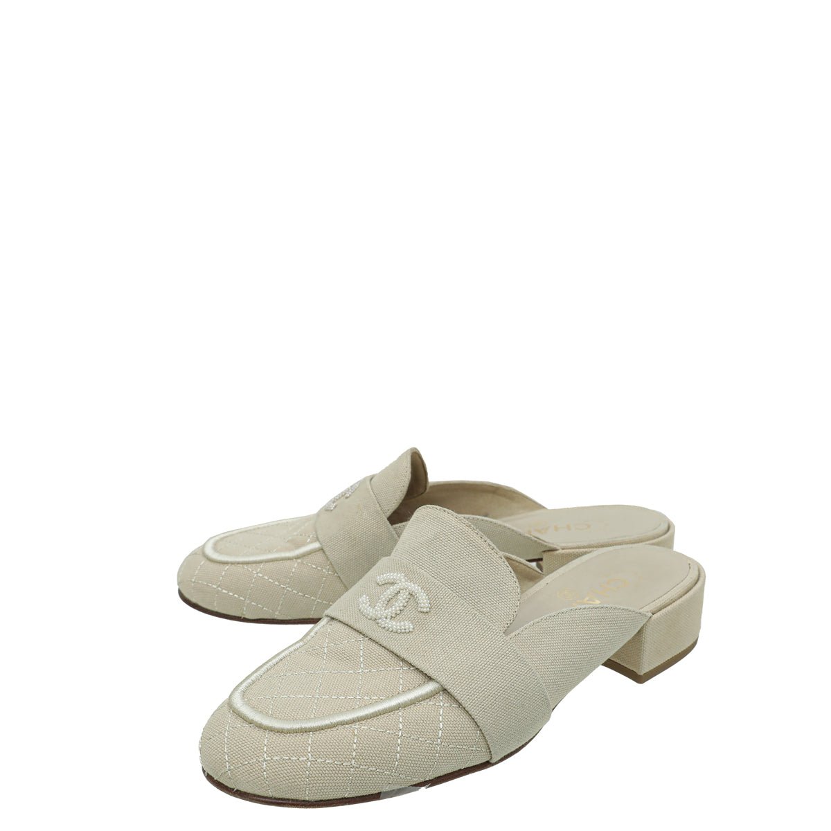 Chanel Beige CC Pearl Slide Mules 38-Chanel-THE CLOSET