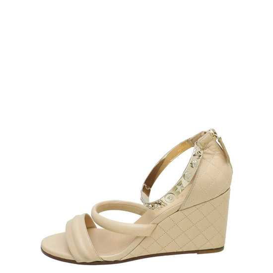 Chanel - Chanel Beige CC Quilted Ankle Bracelet Wedge Sandal 37 | The Closet
