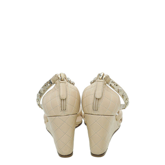Chanel - Chanel Beige CC Quilted Ankle Bracelet Wedge Sandal 37 | The Closet