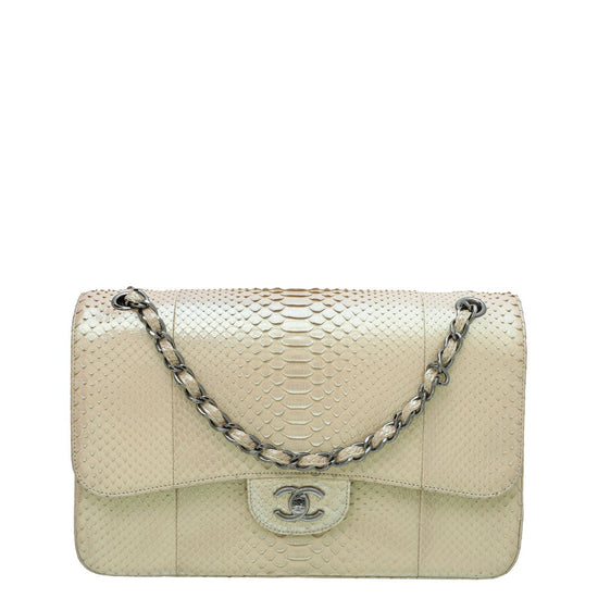 Chanel Beige Metallic Python CC Classic Double Flap Jumbo Bag – The Closet