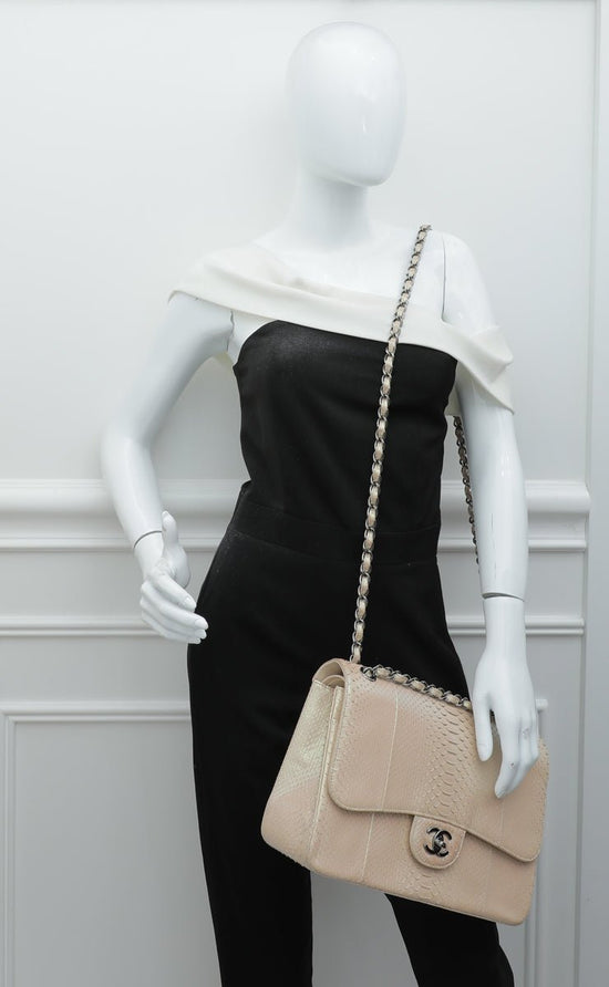 Chanel - Chanel Beige Metallic Python CC Classic Double Flap Jumbo Bag | The Closet