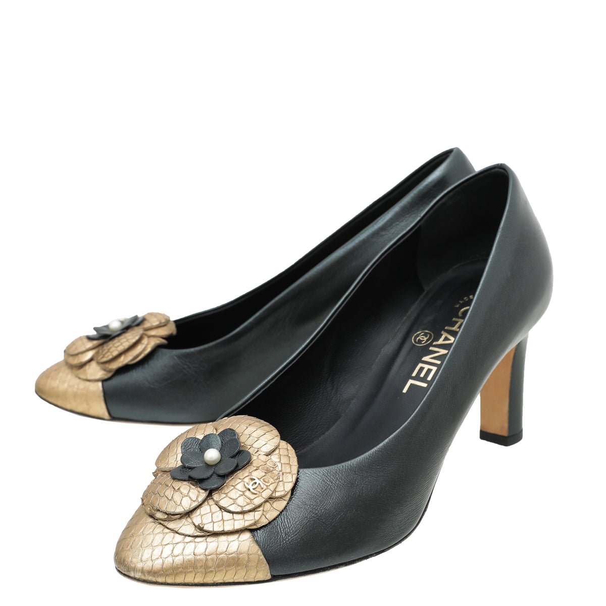 Chanel Bicolor CC Cap Toe Camellia Python Pump 37-Chanel-THE CLOSET