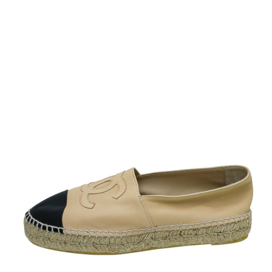 Chanel Espadrille 38 Lambskin Leather Double Stacked CC Flats Cc-0505n-0156