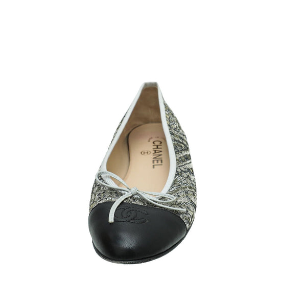 Chanel Grey Tweed And Leather Cap Toe CC Bow Ballet Flats Size 38 Chanel