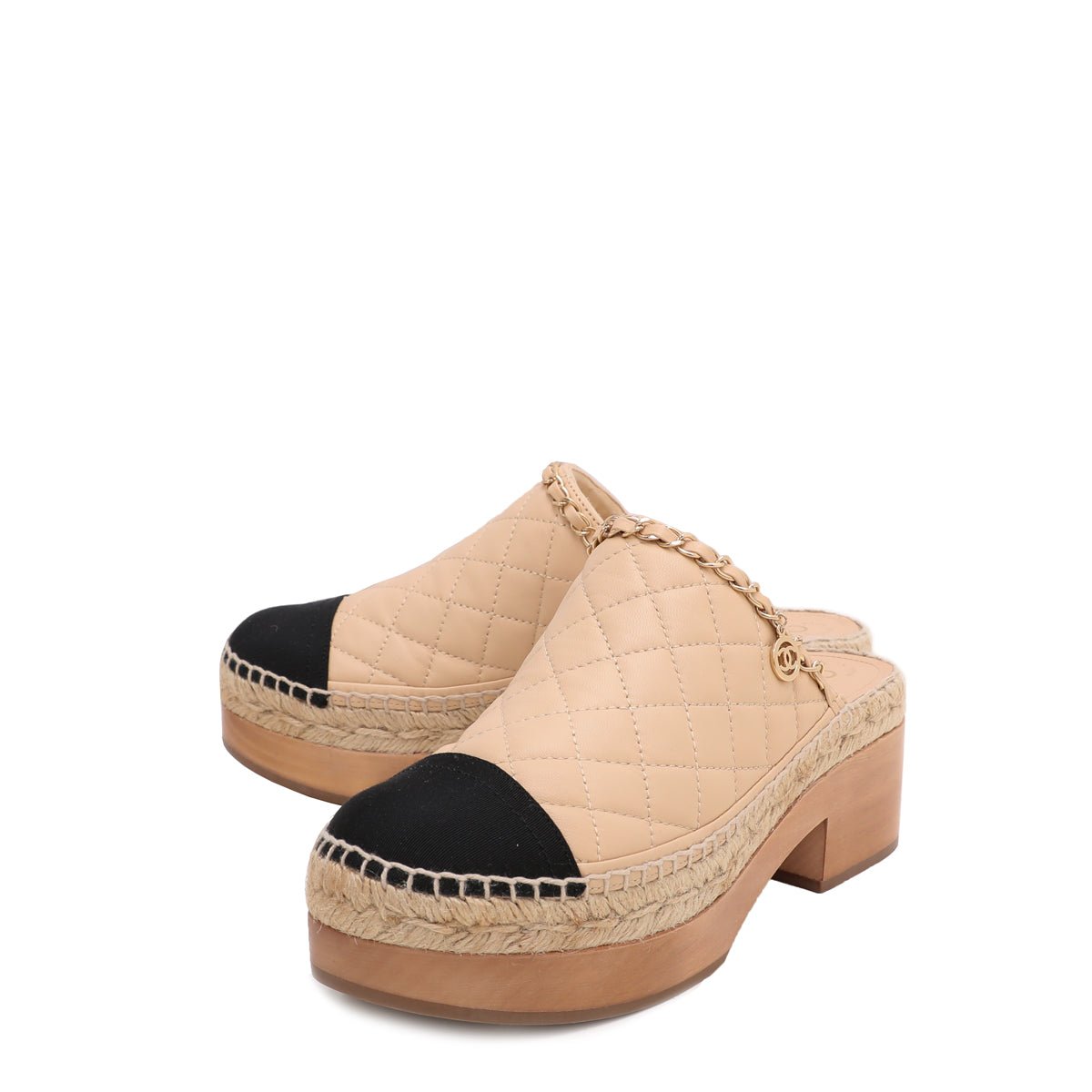 Chanel Bicolor CC Chain Espadrille Wooden Mules 38-Chanel-THE CLOSET