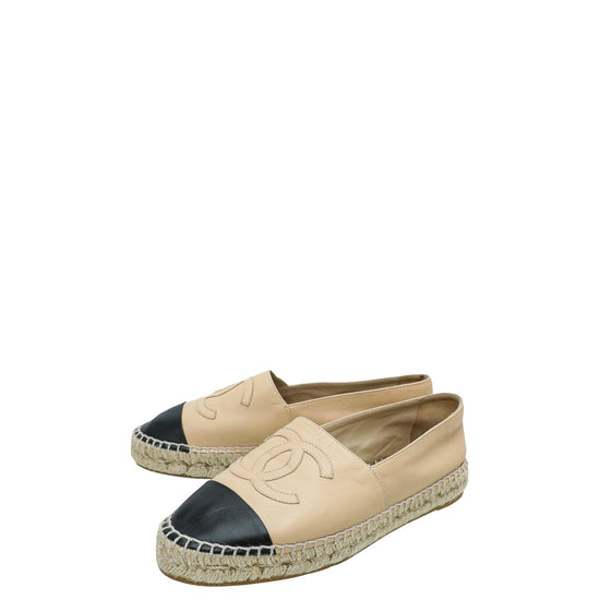 Chanel Beige/Black Quilted Leather and Fabric Cap Toe Espadrille