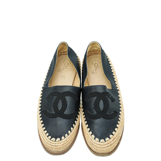 Chanel Black Leather CC Camelia Stud Cap Toe Flat Espadrilles Size 39 Chanel