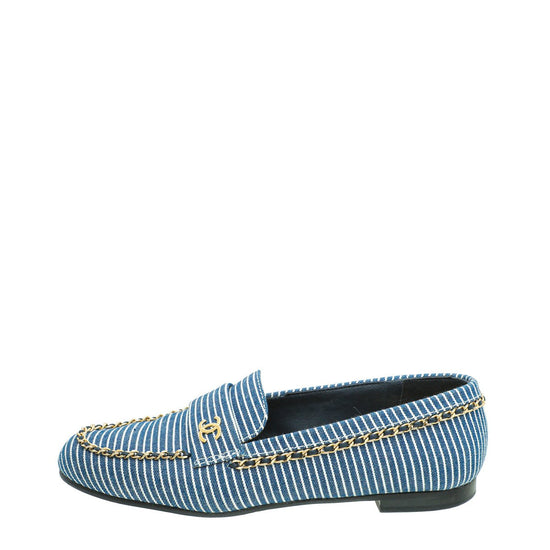 Chanel Bicolor Denim Stripe CC Chain Around Loafers 39.5 – The Closet