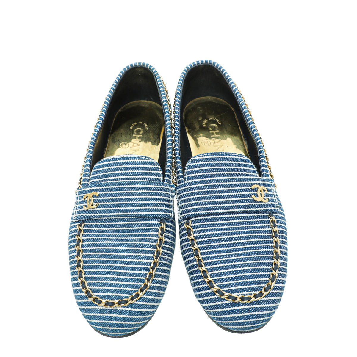 Chanel Bicolor Denim Stripe CC Chain Around Loafers 39.5-Chanel-THE CLOSET