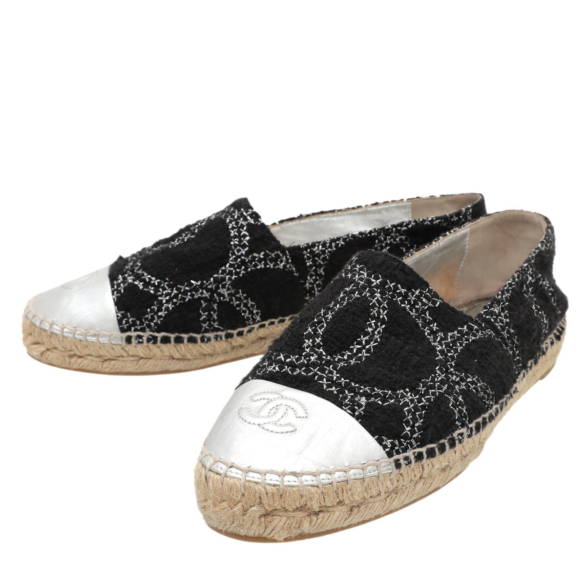 CC ESPADRILLES PLATFORM 25S IN WHITE TWEED MIX BLACK CALFSKIN