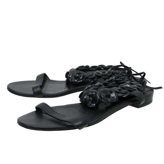 The Closet - Chanel Black Camellia Ankle Strap Flat Sandals 39 | The Closet