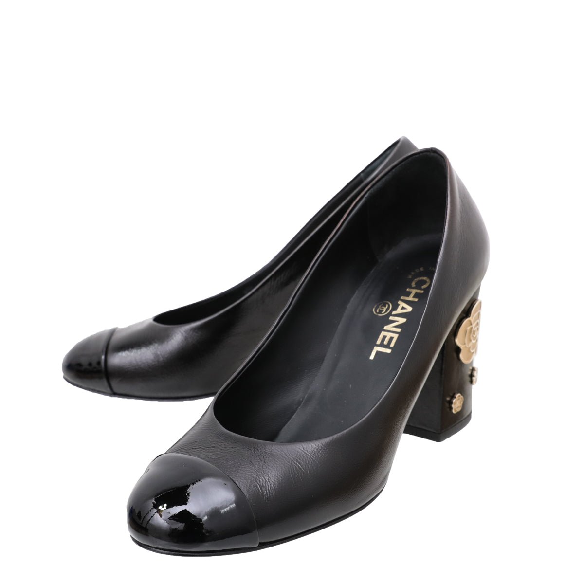 Chanel Black Camellia Applique Block Cap Toe Pump 39-Chanel-THE CLOSET