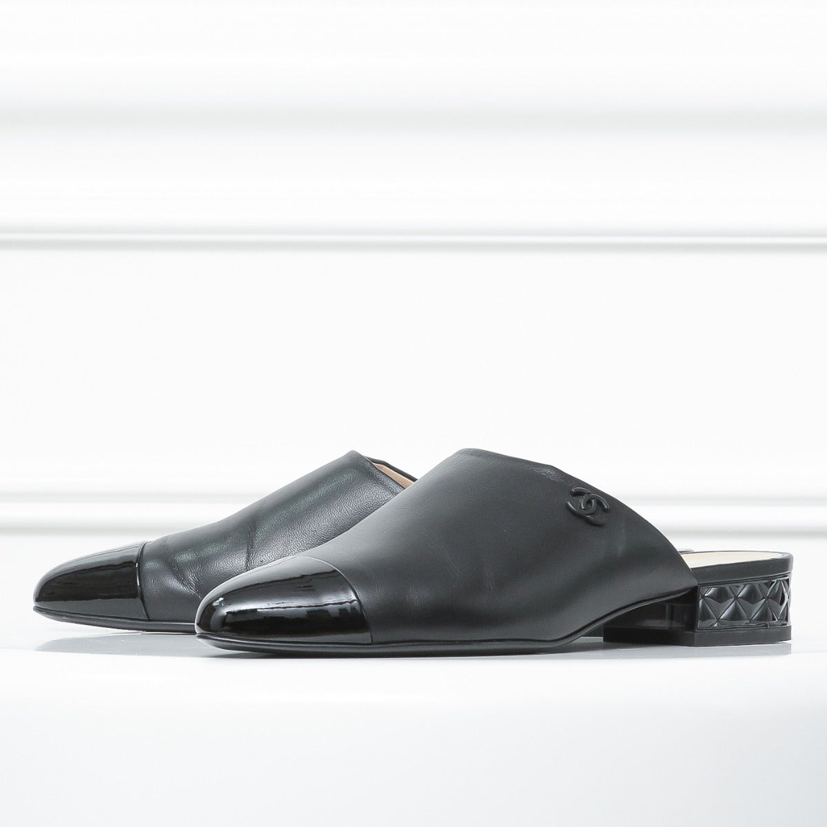 The Closet - Chanel Black Cap Toe Mules Slides 36.5 | The Closet
