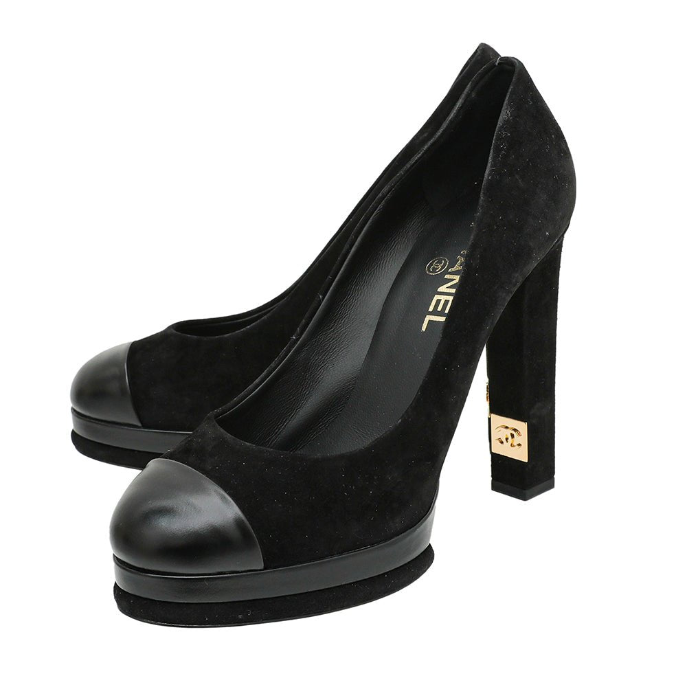 Chanel Black Cap Toe Platform CC On Heels Pumps 40-Chanel-THE CLOSET