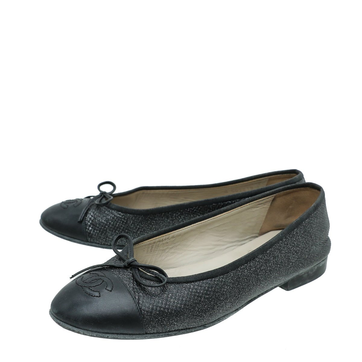 Chanel Black CC Cap Toe Bow Flat Ballerina 37.5-Chanel-THE CLOSET