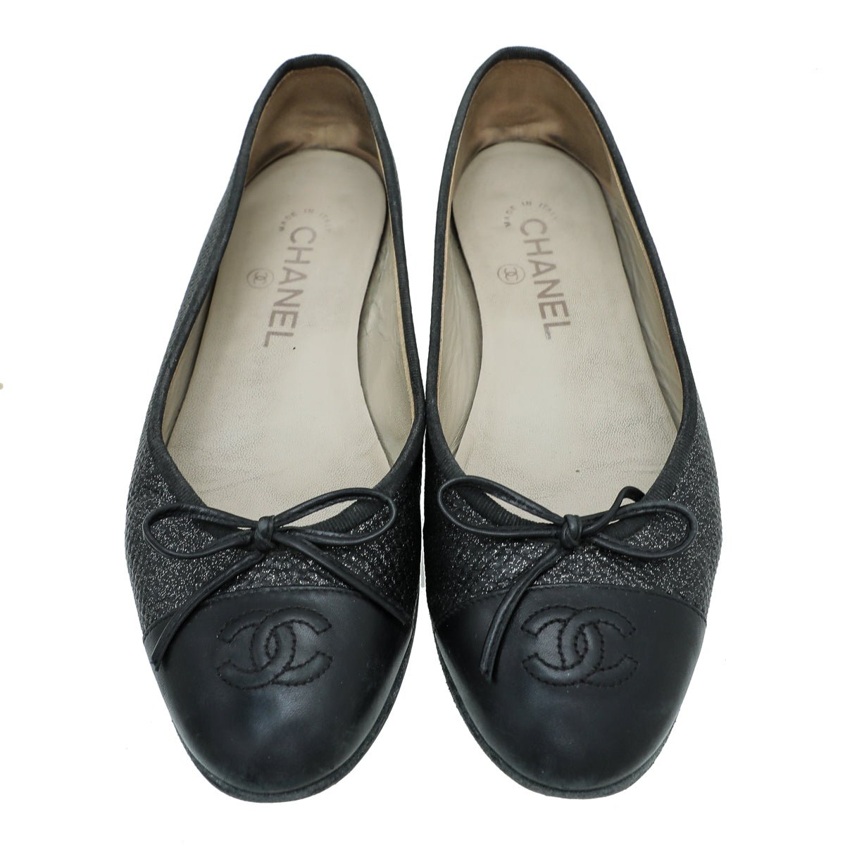 Chanel - Chanel Black CC Cap Toe Bow Flat Ballerina 37.5 | The Closet