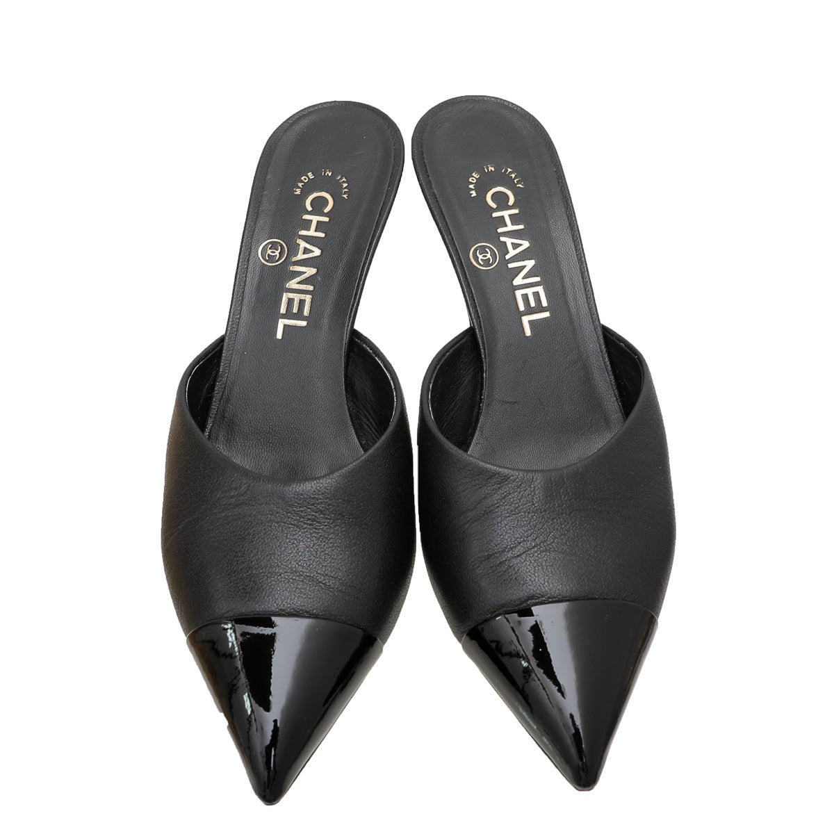 The Closet - Chanel Black CC Cap Toe Pearl Heel Mules 36 | The Closet