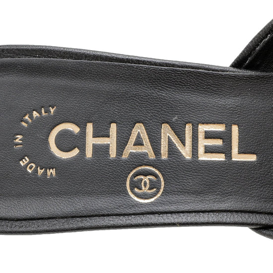 The Closet - Chanel Black CC Cap Toe Pearl Heel Mules 36 | The Closet