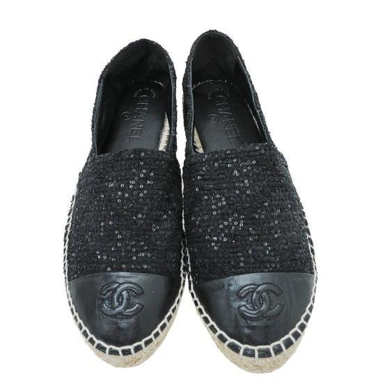 Chanel - Chanel Black CC Cap Toe Sequin Tweed Espadrille 38 | The Closet