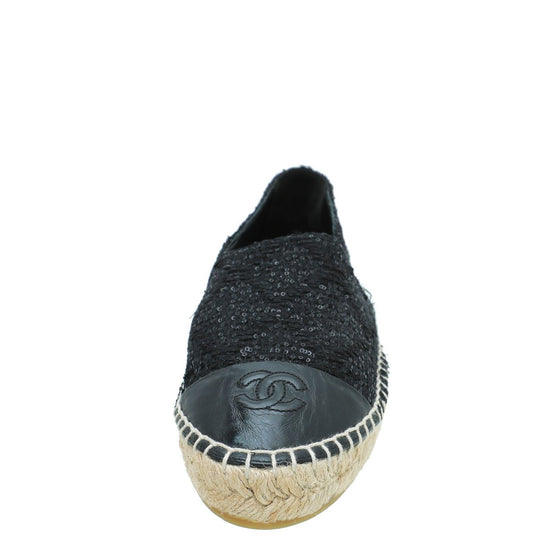 Chanel - Chanel Black CC Cap Toe Sequin Tweed Espadrille 38 | The Closet