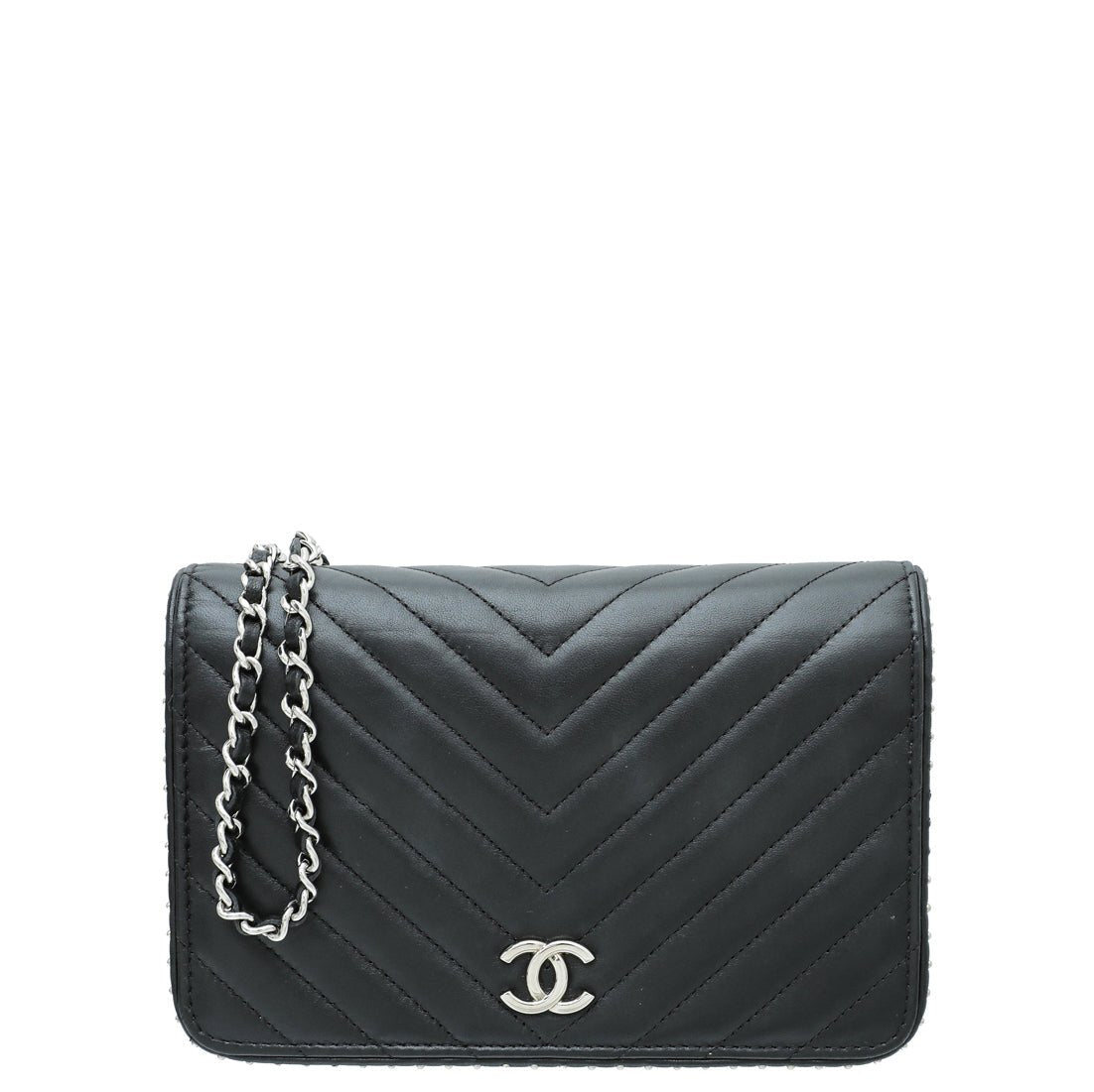 Chanel Black CC Chevron Studded Wallet on Chain-Chanel-THE CLOSET