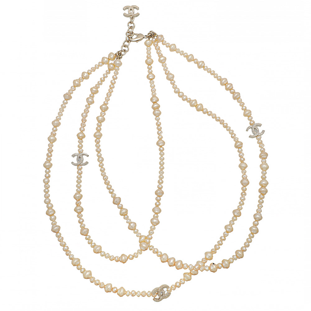 Chanel White Pearl Baroque Pearl CC 3 Strands Necklace