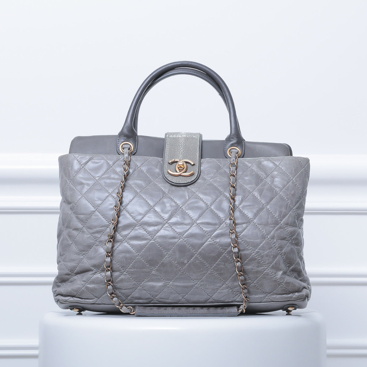 Chanel Gray Calfskin- Stingray Bindi CC Tote Bag-Chanel-THE CLOSET