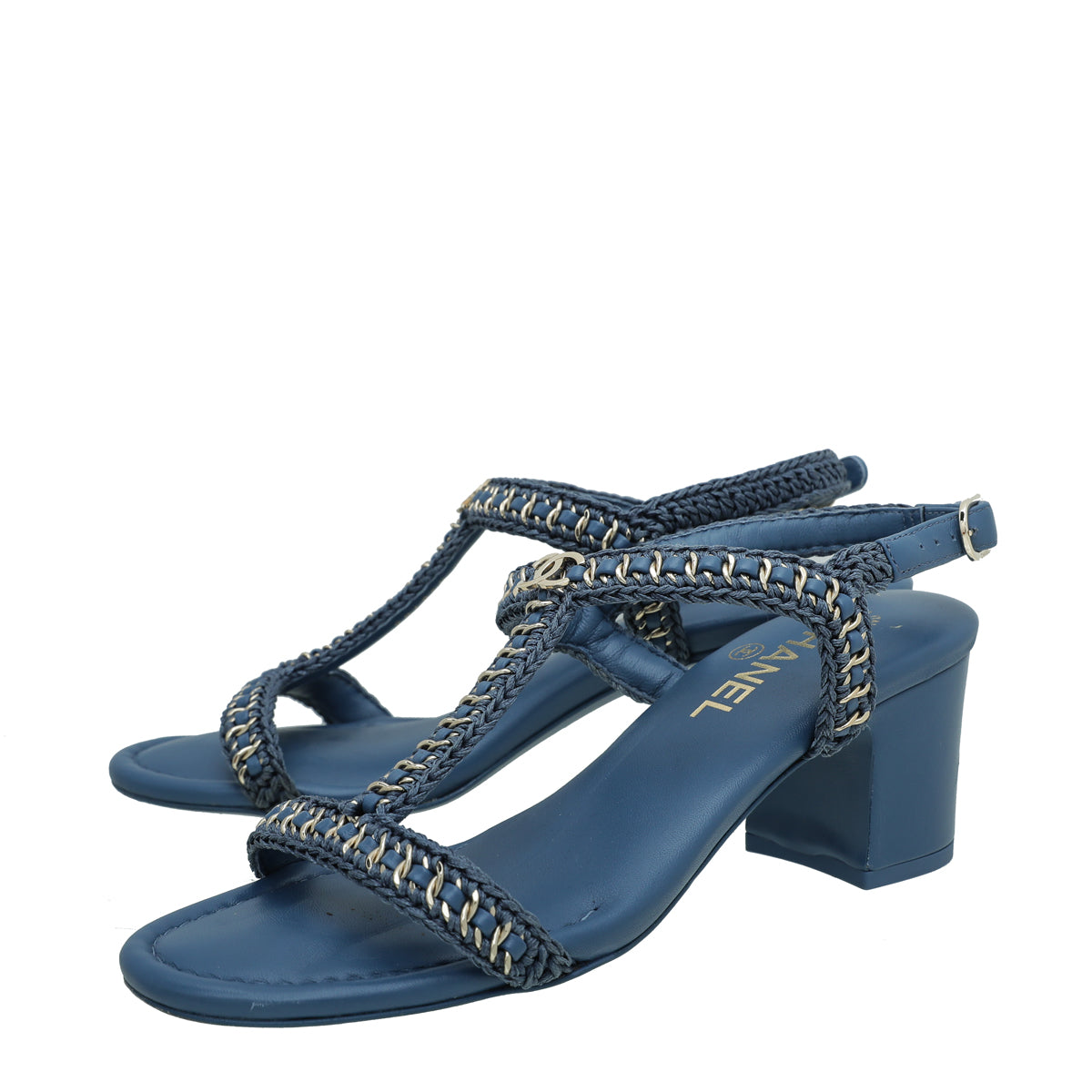 Chanel Blue CC Embroidered Chain Sandal 39