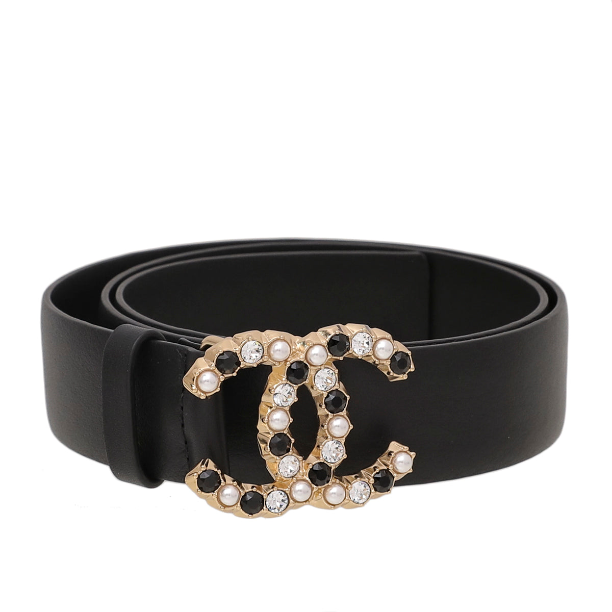 Chanel Black CC Crystal Pearl Coronation Buckle Belt 28