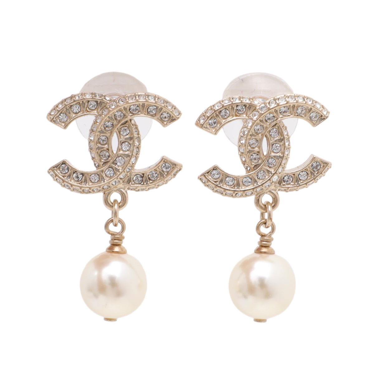 CHANEL Classic Crystal CC Stud Pearl Dangle Earrings GOLD NIB  Pearl  earrings dangle, Chanel pearl earrings, Chanel earrings classic
