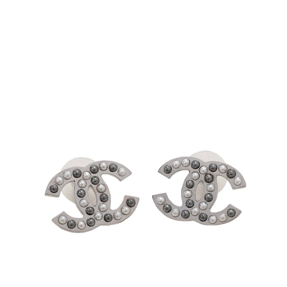 Chanel Silver CC Faux Pearl Studded Stud Earrings-Chanel-THE CLOSET