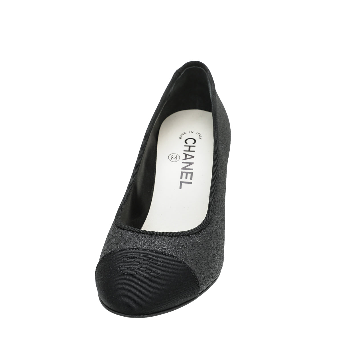 Chanel Black CC Glitter Grosgrain Cap Toe Logo Pumps 37-Chanel-THE CLOSET