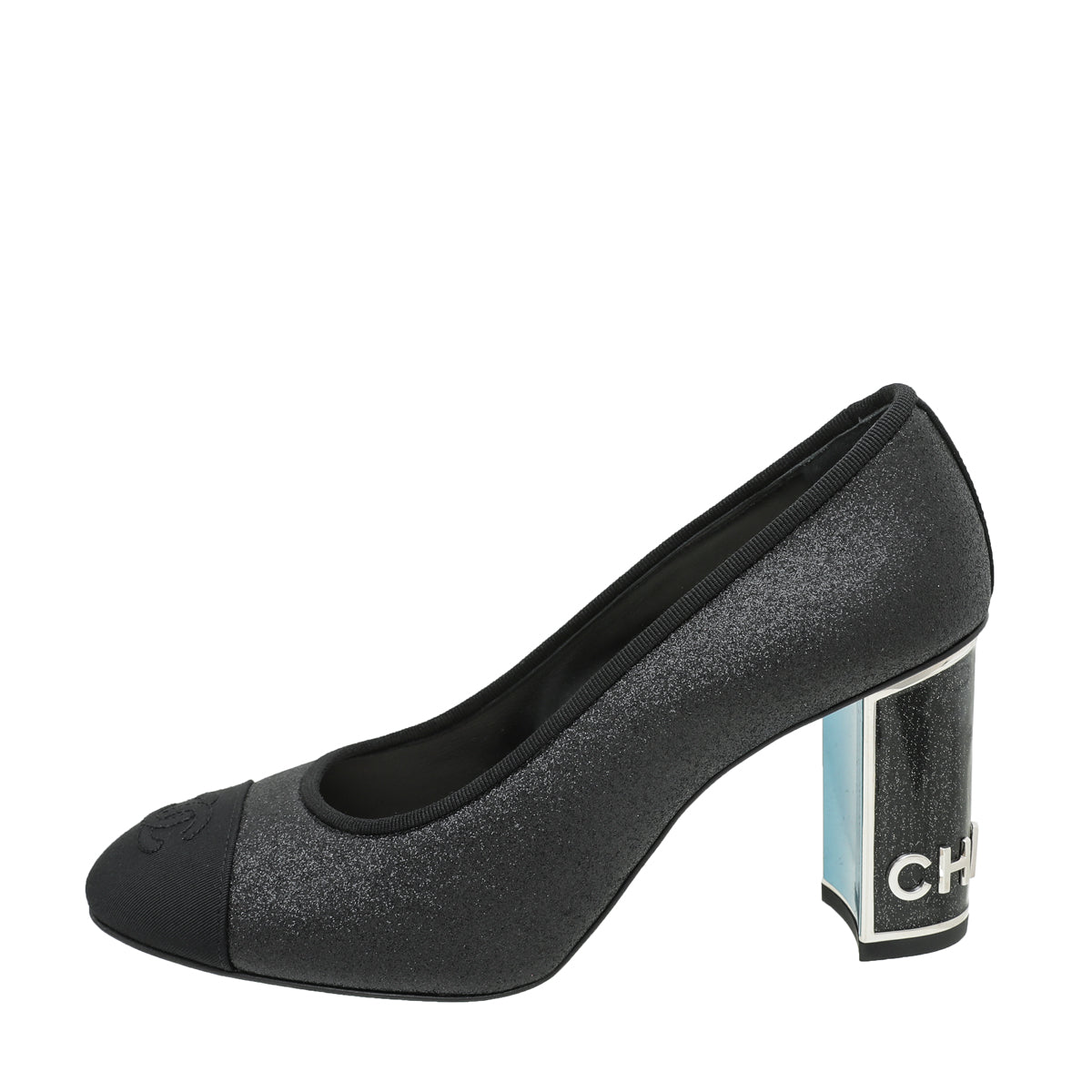 Chanel Black CC Glitter Grosgrain Cap Toe Logo Pumps 37-Chanel-THE CLOSET