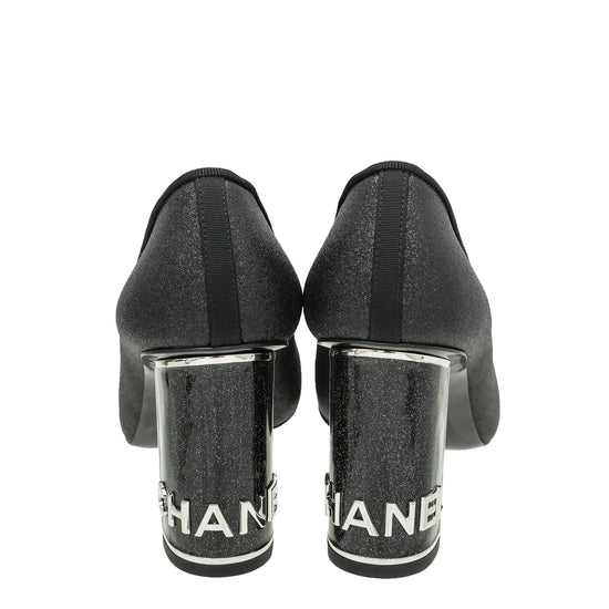 Chanel Black CC Glitter Grosgrain Cap Toe Logo Pumps 37