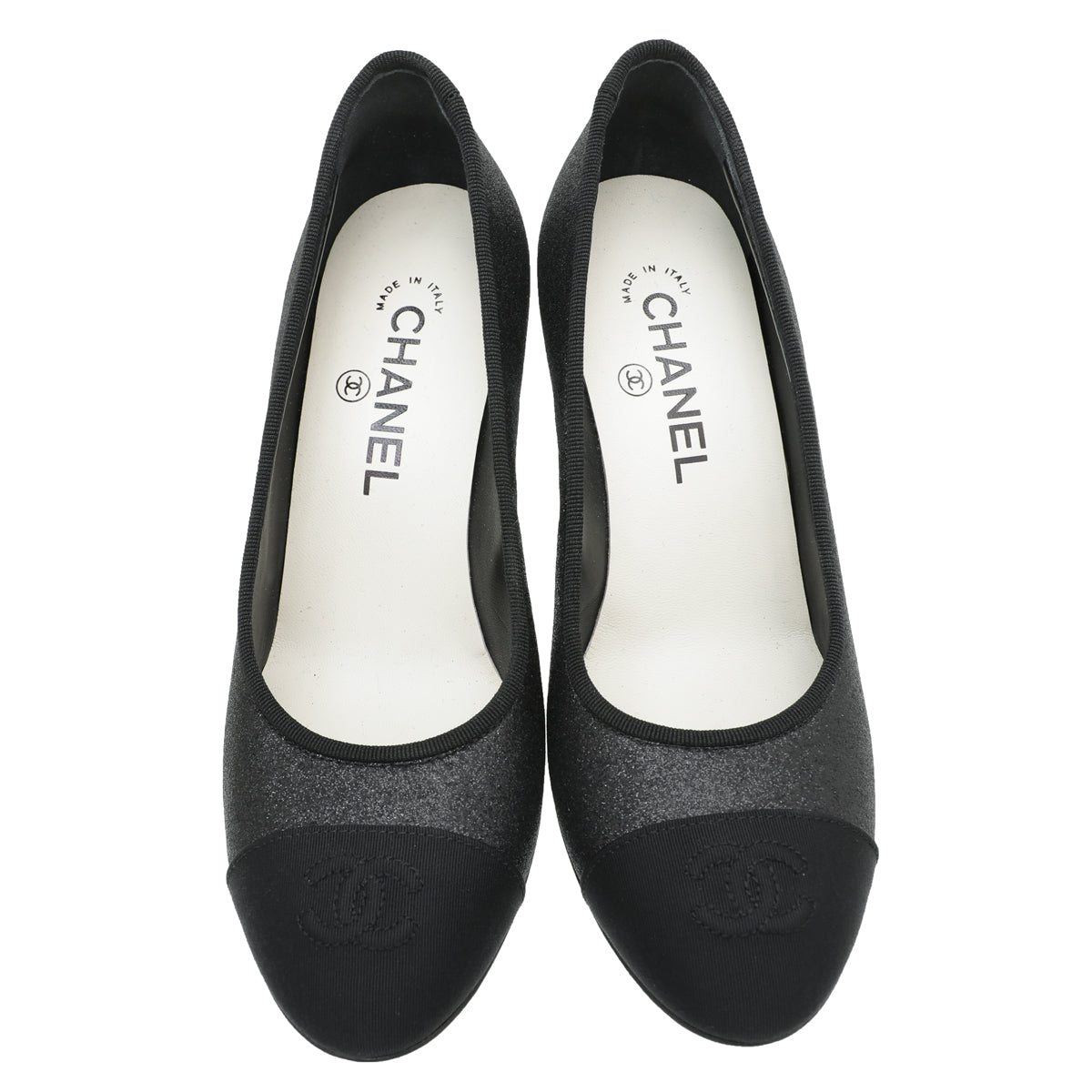 Chanel Black CC Glitter Grosgrain Cap Toe Logo Pumps 37-Chanel-THE CLOSET