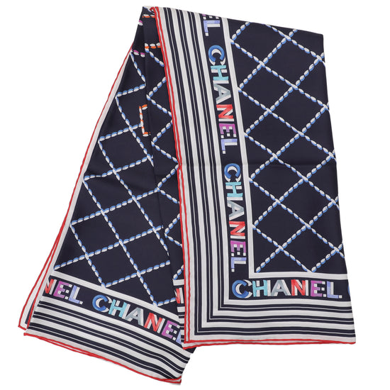 Chanel Navy Blue Logo Print Quilted Square Silk 90X90cm Scarf
