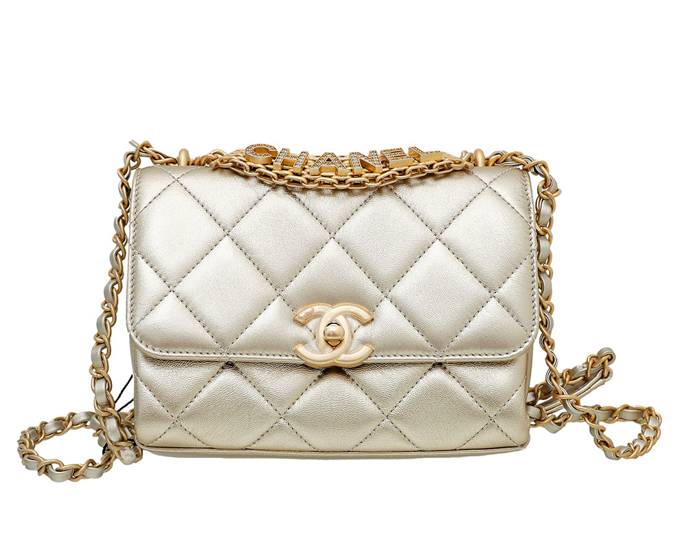 Chanel Metallic Gold Crystal Logo Multichain Top Handle Bag – The Closet