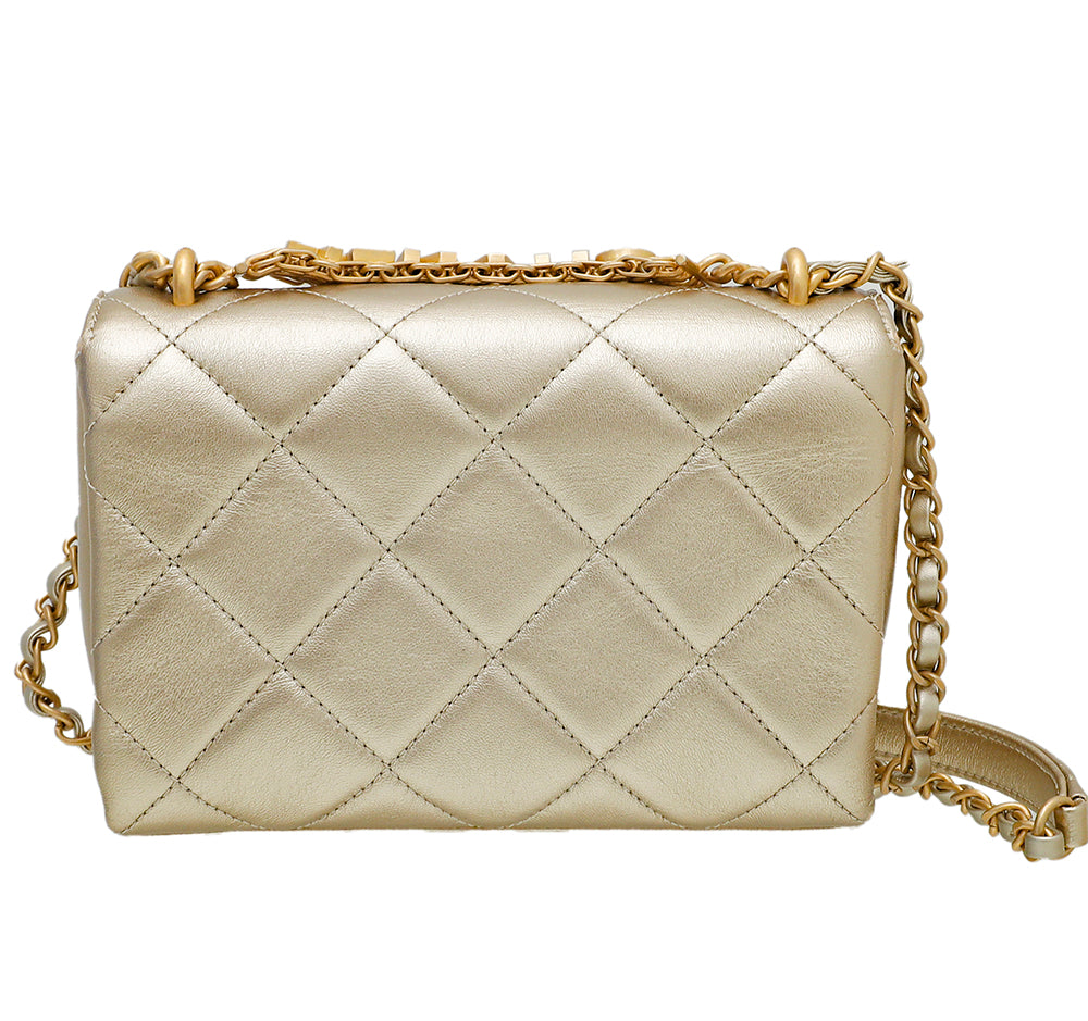 Chanel Metallic Gold Crystal Logo Multichain Top Handle Bag – The Closet