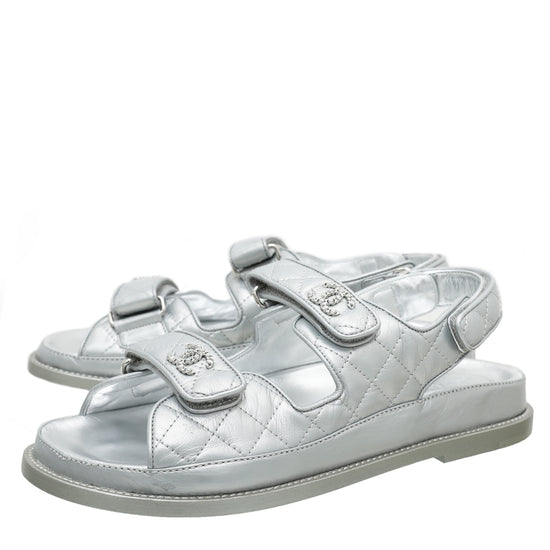 Chanel Silver Iridescent Velcro Sandals 40