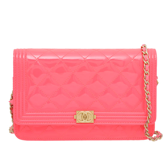 Chanel Neon Pink Boy Wallet On Chain Small