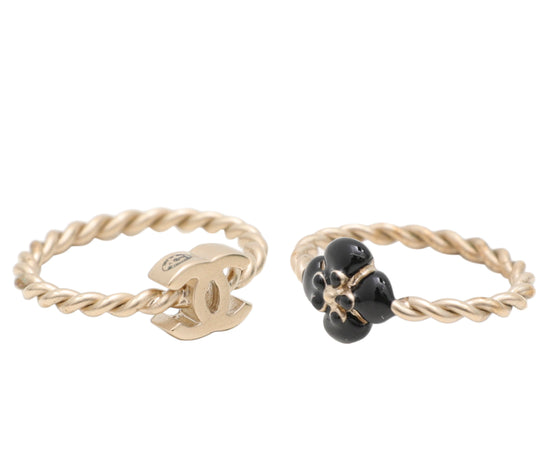 Chanel Gold Black Camellia CC Double Ring