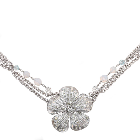 Chanel Matte Silver Camellia Multi Strand Chain Link Necklace