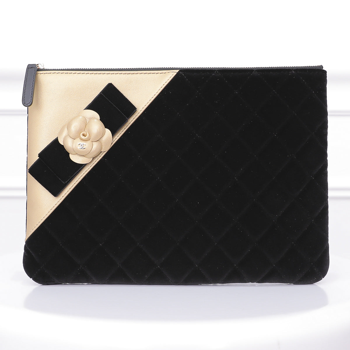 Chanel Black Gold Camellia O Case Clutch