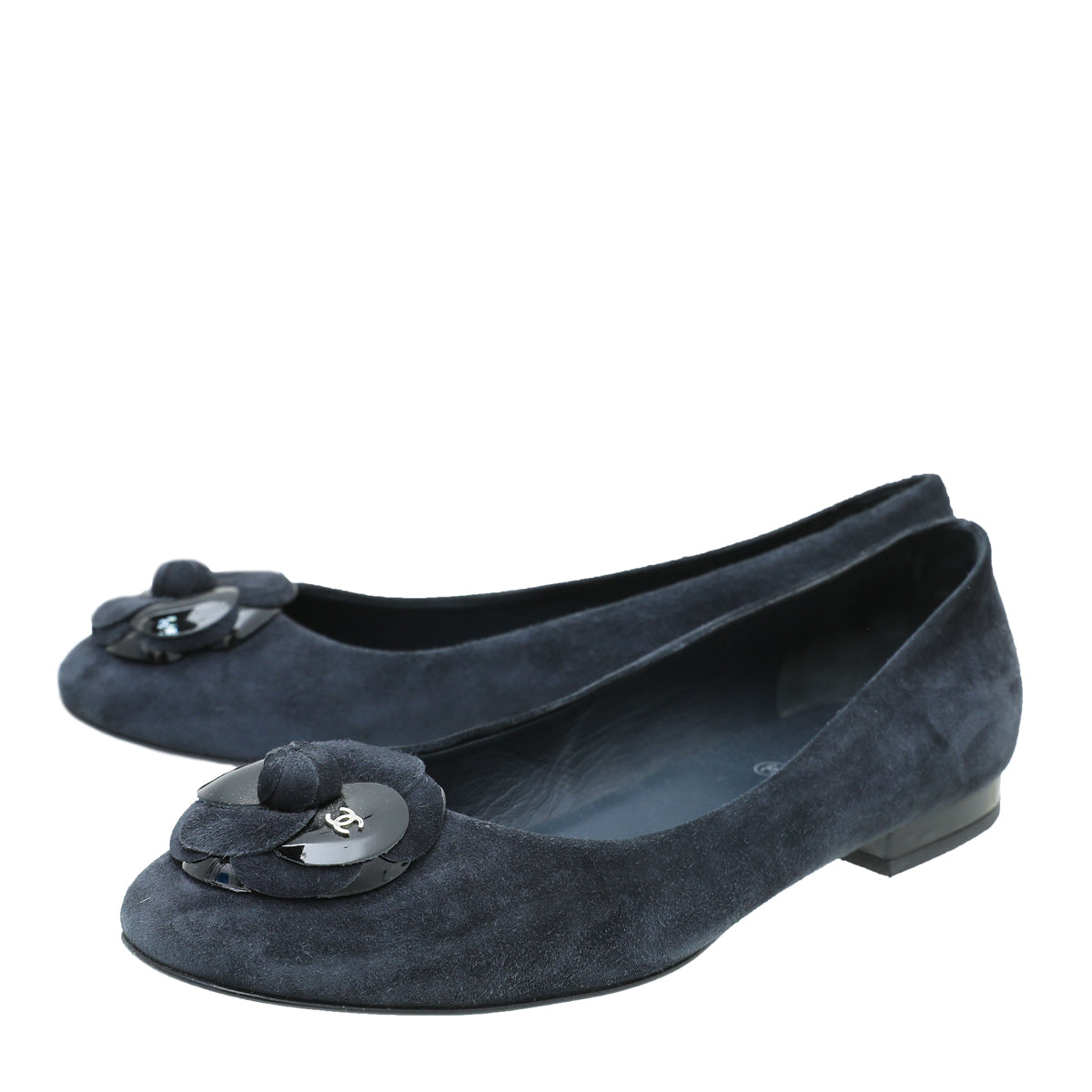 Chanel Navy Blue Suede CC Camellia Flower Flat 37.5-Chanel-THE CLOSET