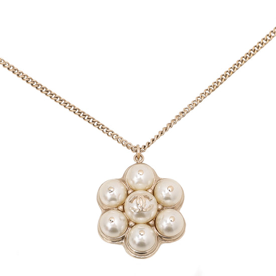 Chanel White CC Camellia Flower Pearl Pendant Necklace